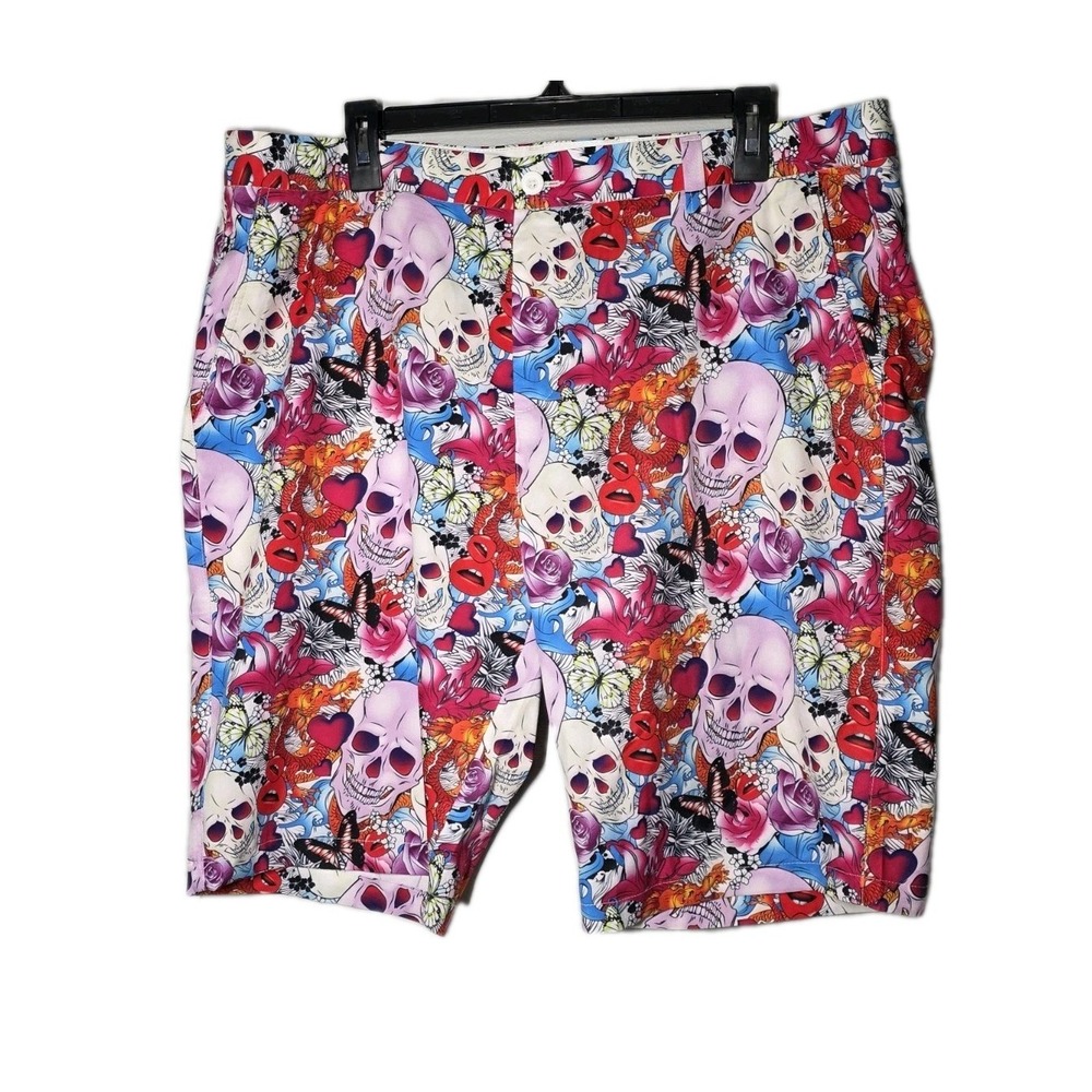 HRESKI Mens Size 40 Golf Shorts Skulls Floral Print Lightweight‎